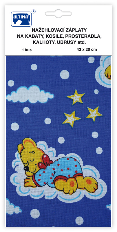 Nažehlovací záplaty s potiskem velké - modrý medvídek lenoch - visačka